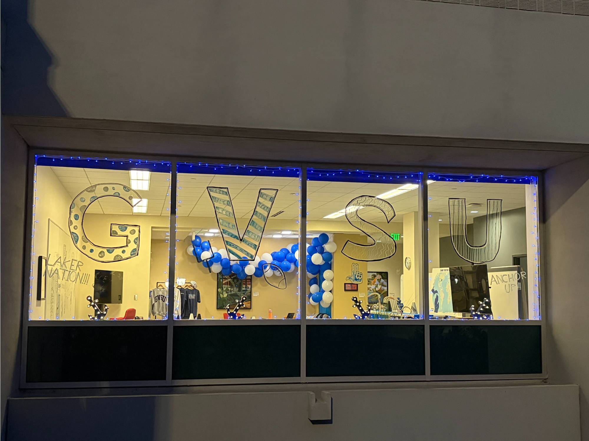Office decorations with "GVSU" letters painted on office windows